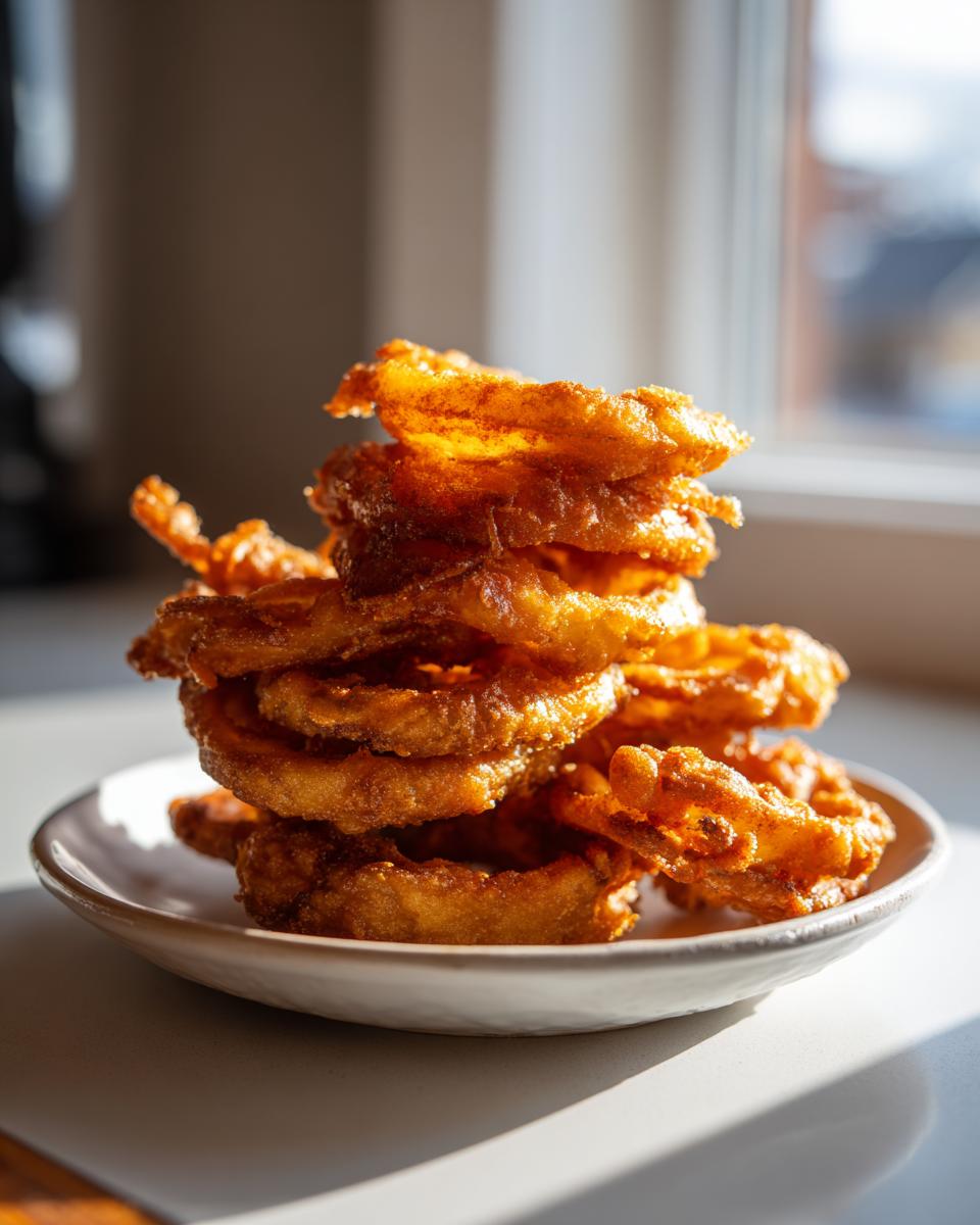 A tall stack of perfectly golden, crispy onion rings piled high on a small white plate.