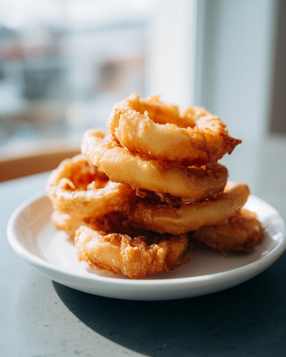 A stack of golden, perfectly battered and fried onion rings served on a small white plate.