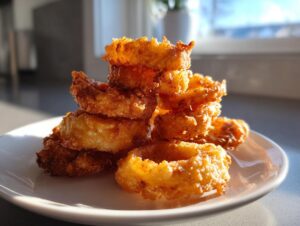A stack of perfectly golden, crispy onion rings piled high on a white plate, ready to eat.