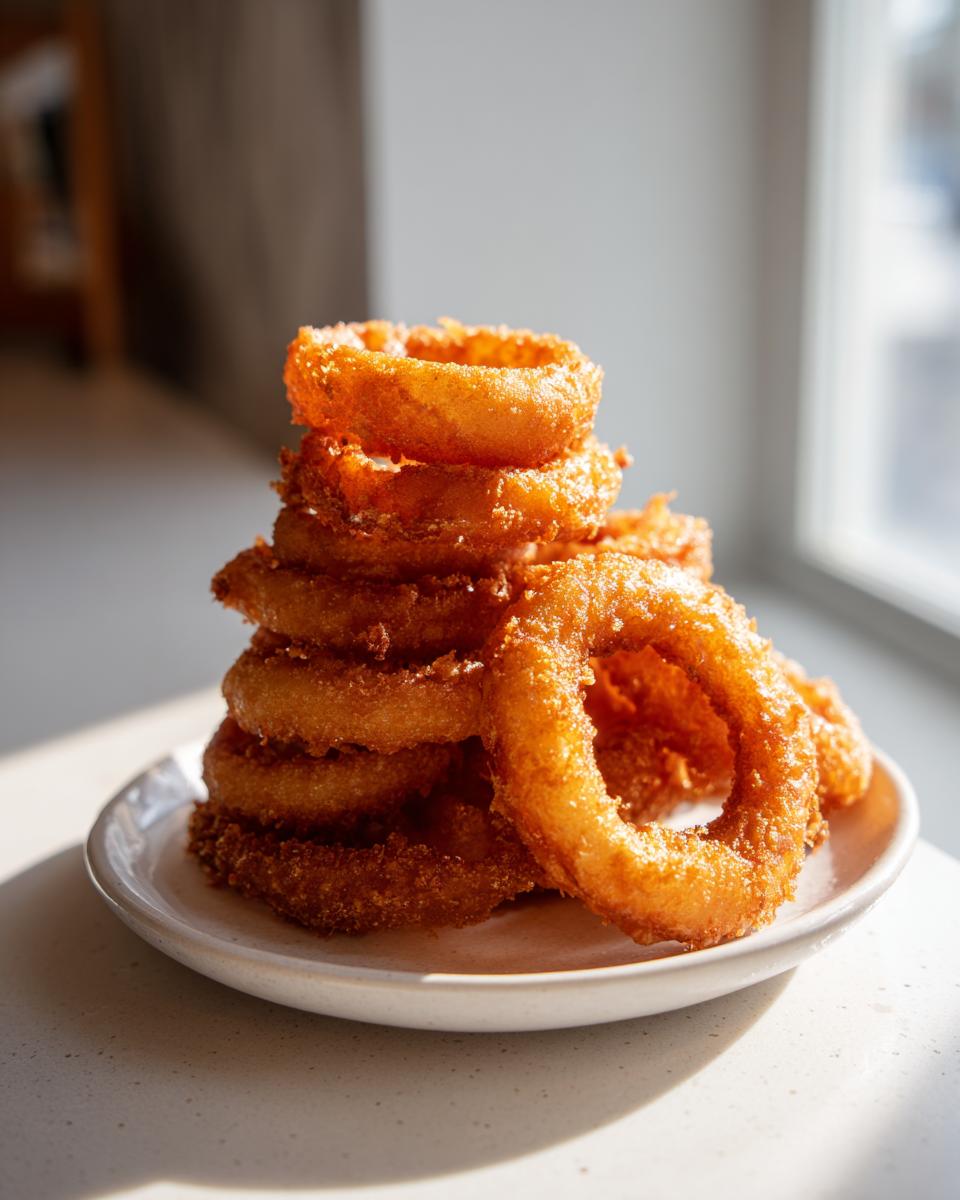 A tall stack of perfectly golden, crispy onion rings piled high on a small white plate, highlighted by natural sunlight.