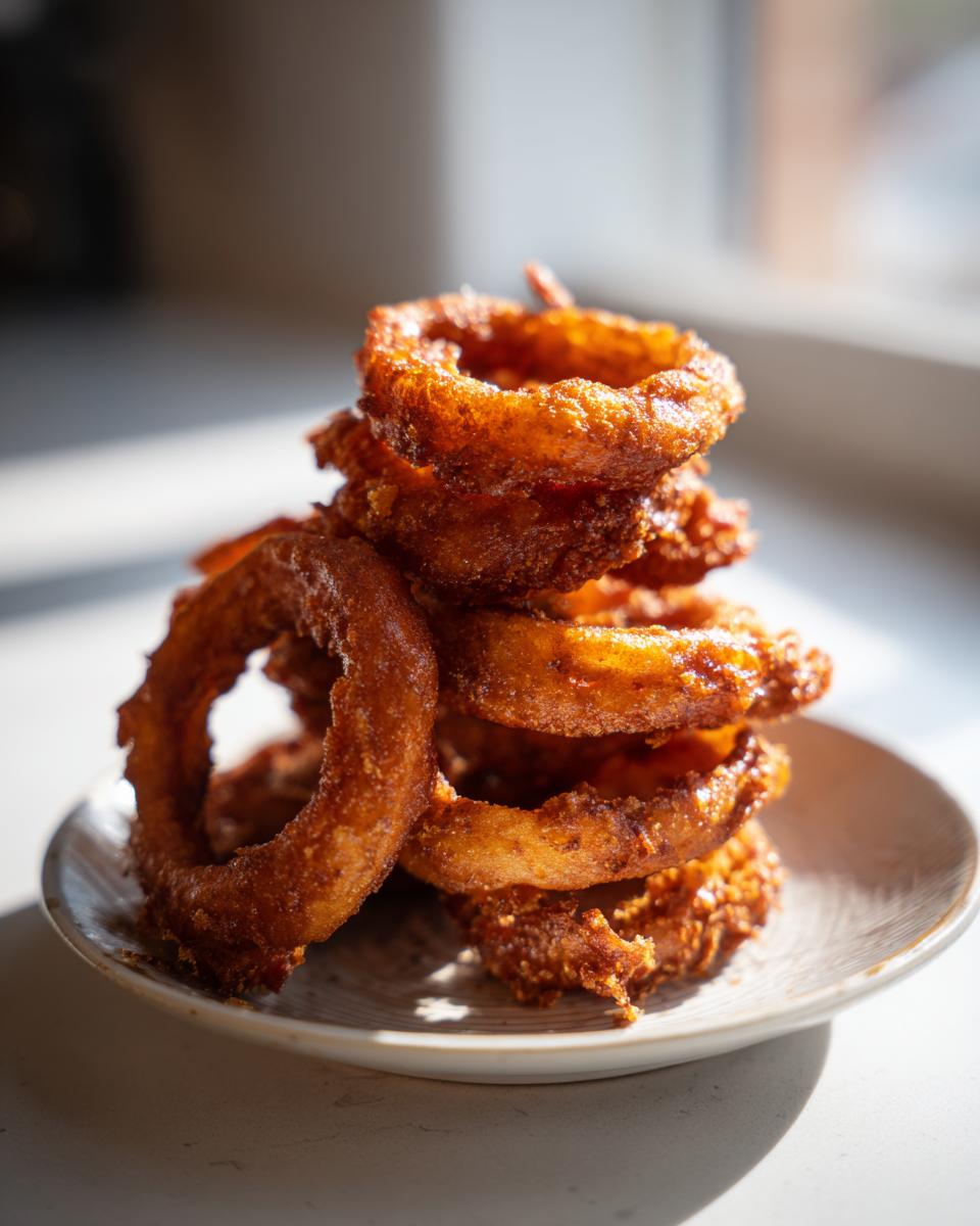 A tall stack of golden-brown, crispy onion rings piled high on a small plate, highlighted by natural light.