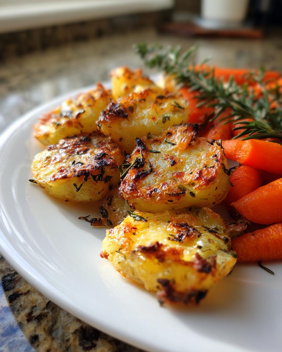 Close-up of perfectly crispy roasted potatoes and carrots seasoned with herbs on a white plate.