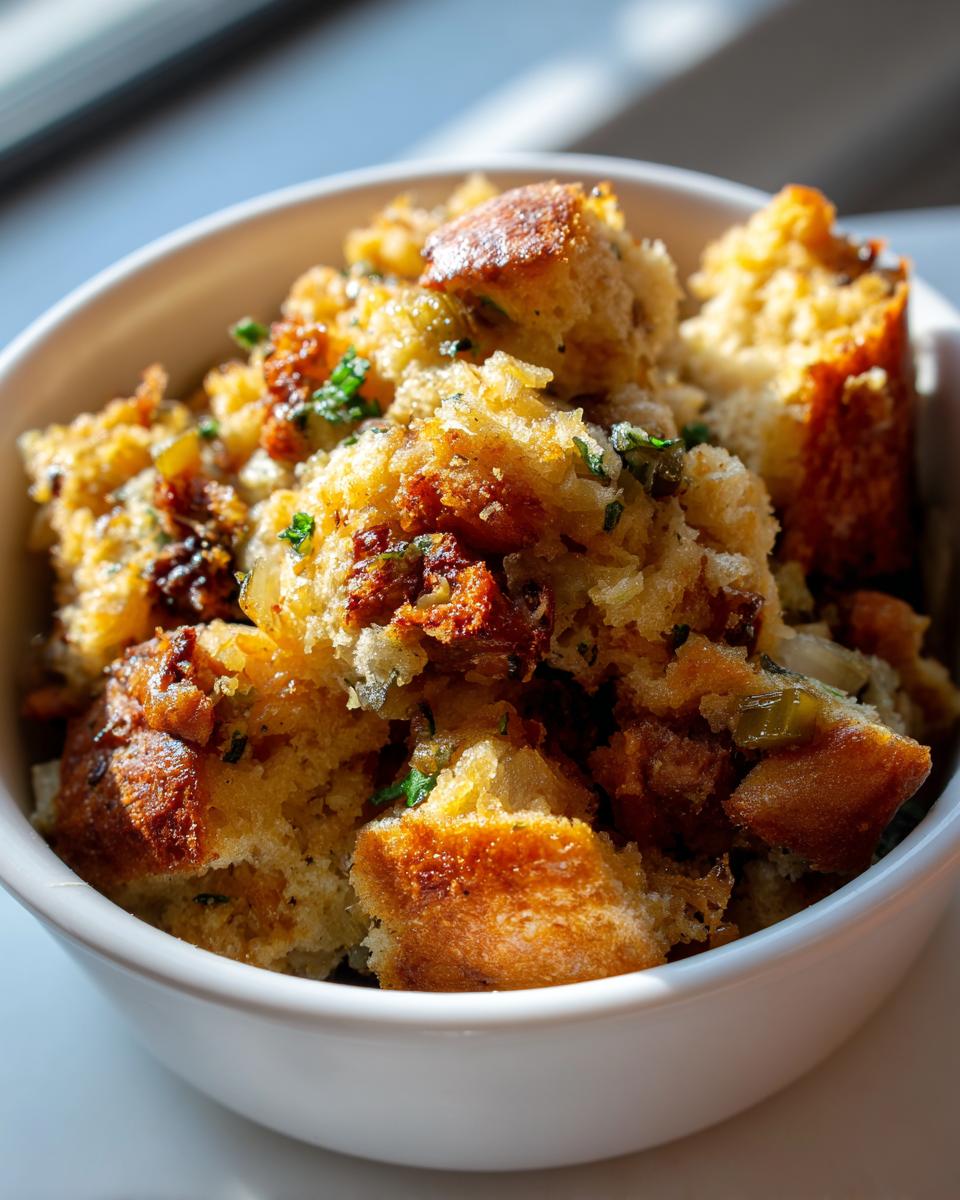 Close-up of a white bowl filled with golden-brown crock pot stuffing, featuring chunks of bread and herbs.