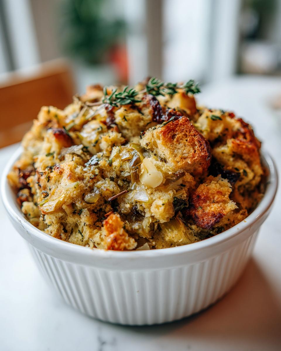 A close-up of homemade crock pot stuffing served in a white ramekin, garnished with fresh herbs.