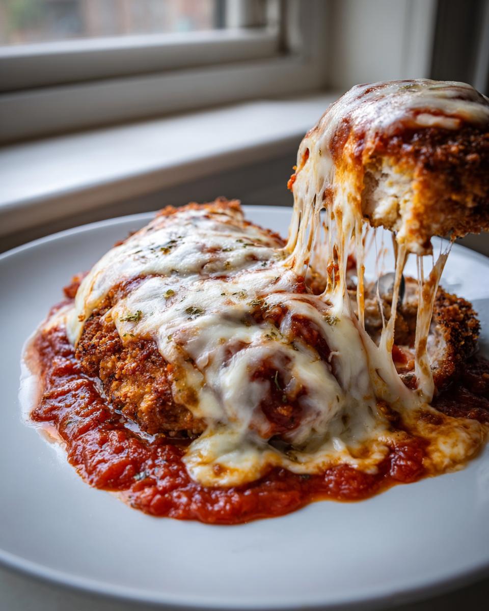 A piece of Easy Chicken Parmesan is lifted, showing a dramatic, long cheese pull over the saucy, breaded cutlet.