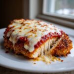 A close-up of Easy Chicken Parmesan with crispy breading, marinara sauce, and gooey, melted mozzarella cheese pulling apart.