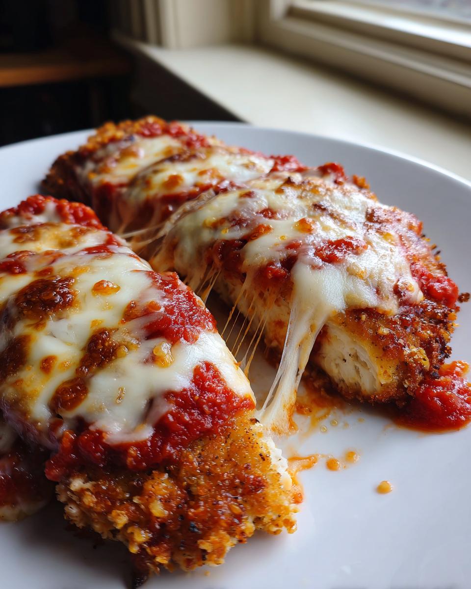 Three portions of Easy Chicken Parmesan covered in marinara sauce and melted, stretching mozzarella cheese.