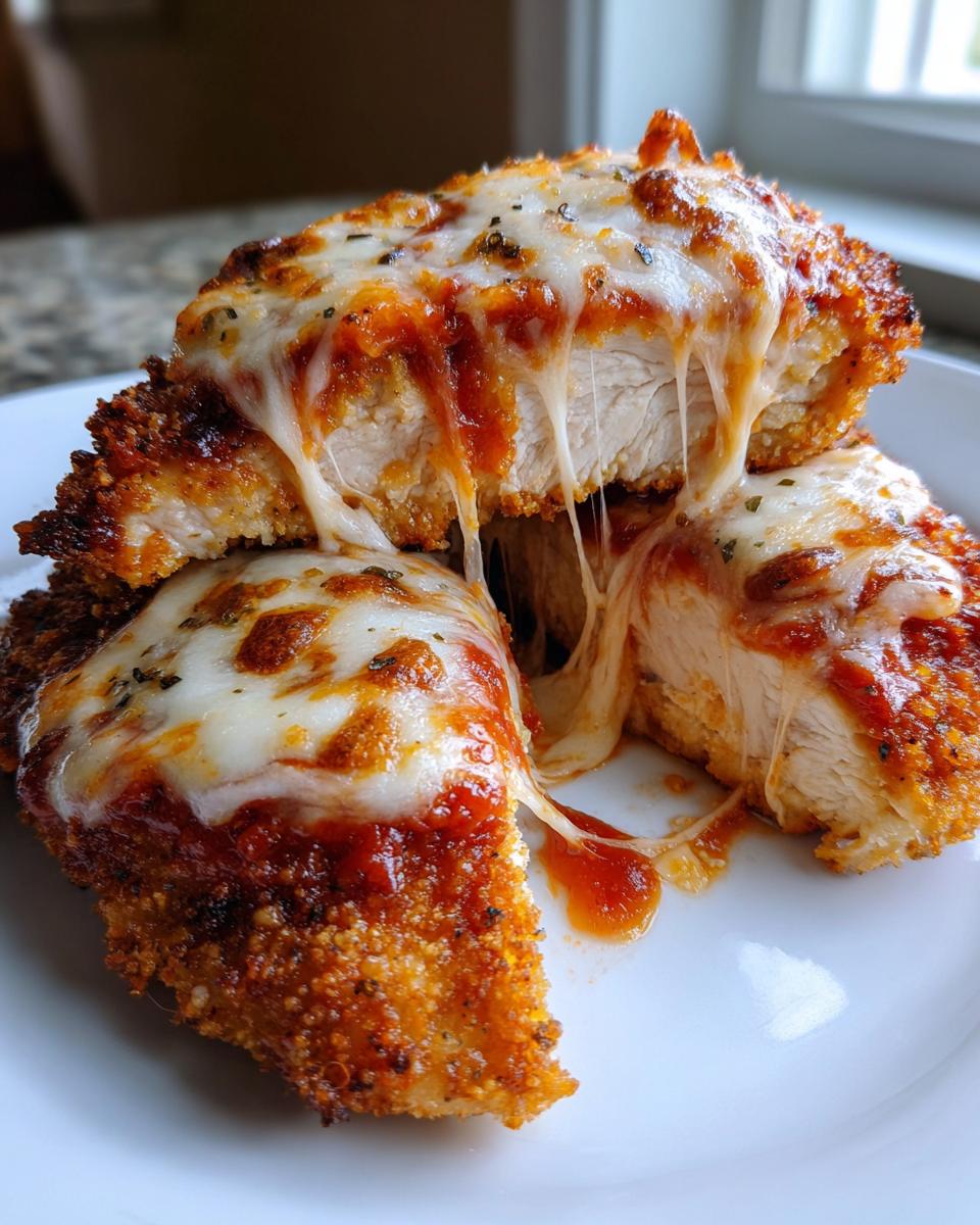 Close-up of Easy Chicken Parmesan cut in half showing melted, stringy mozzarella cheese pull over crispy chicken.