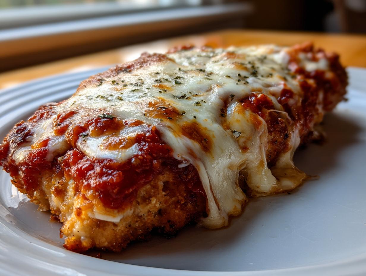 Close-up of a perfectly baked Easy Chicken Parmesan cutlet covered in melted cheese and marinara sauce.