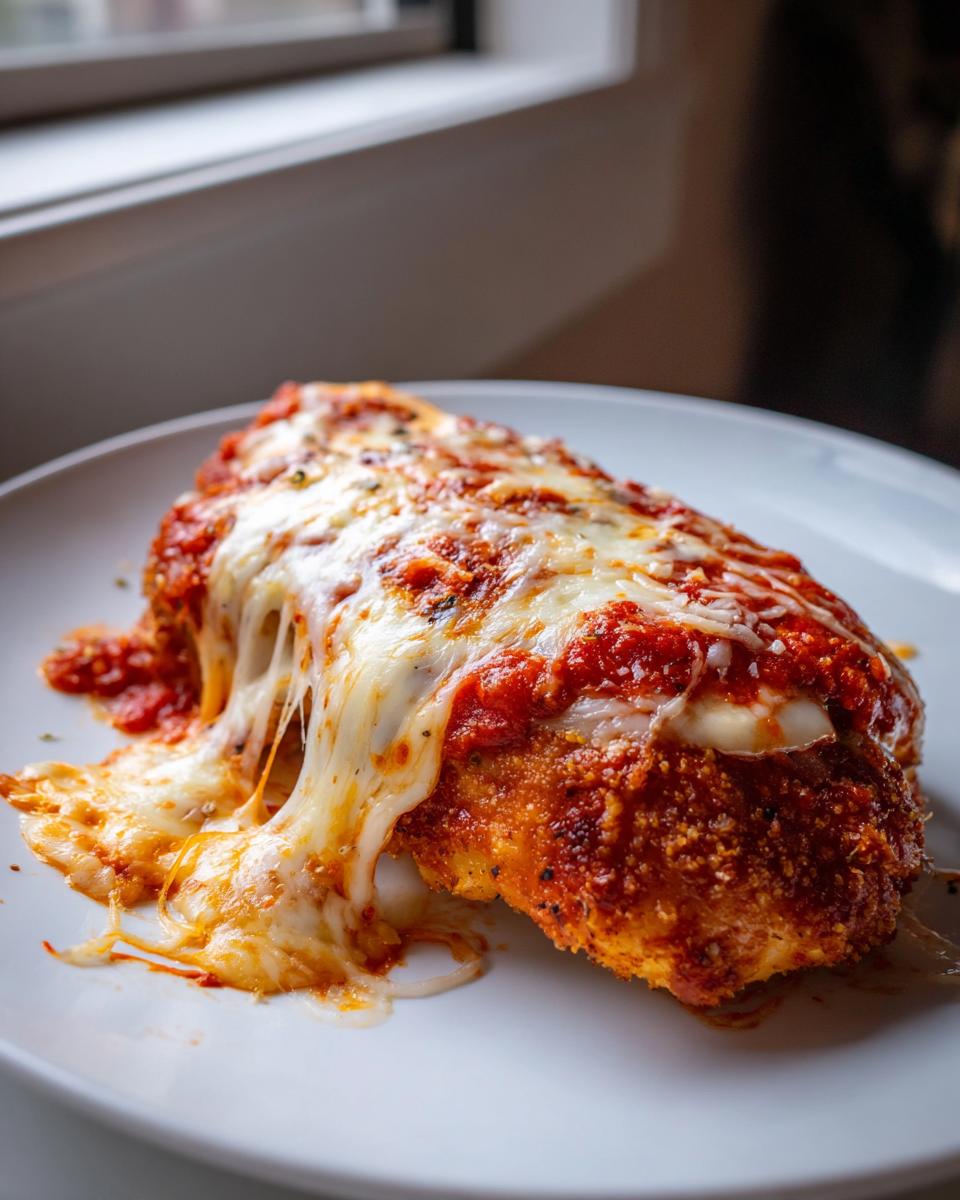 A close-up of a breaded chicken breast smothered in marinara sauce and melted, stringy mozzarella cheese, representing Easy Chicken Parmesan.