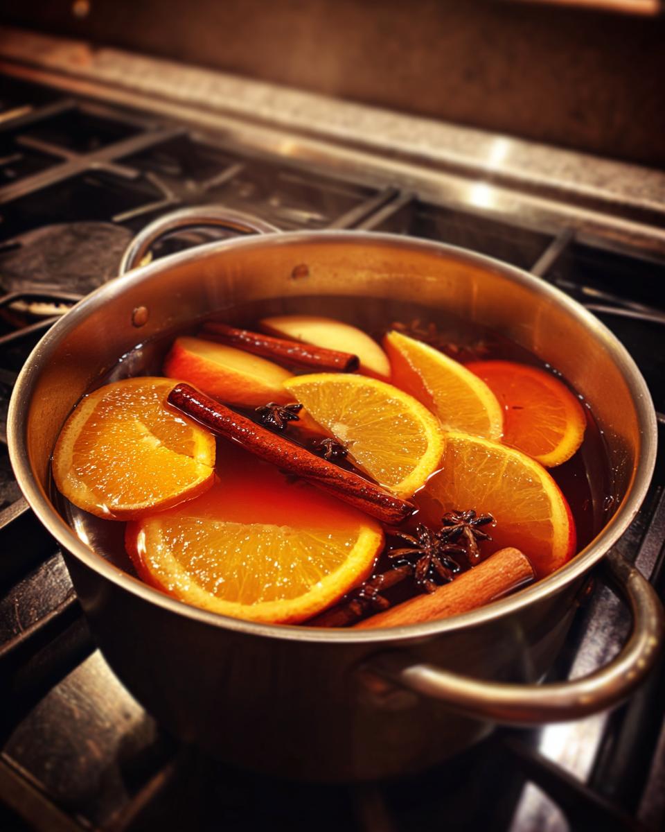 Close-up of oranges, cinnamon sticks, and star anise simmering in a pot for fall simmering potpourri.