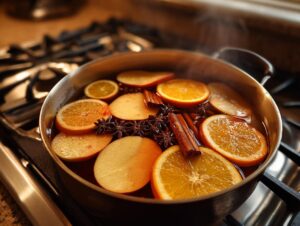 Close-up of ingredients for fall simmering potpourri including orange slices, apple slices, cinnamon sticks, and star anise simmering in a pot.