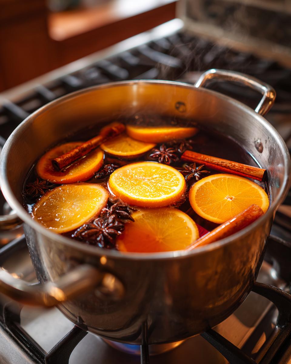 Close-up of orange slices, cinnamon sticks, and star anise simmering in a pot for fall simmering potpourri.