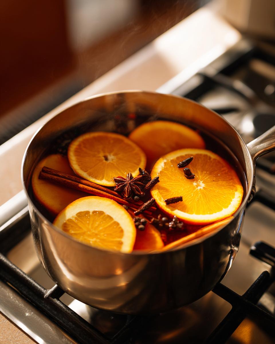 Close-up of a pot simmering on the stove containing orange slices, cinnamon sticks, star anise, and cloves for a fall simmering potpourri.