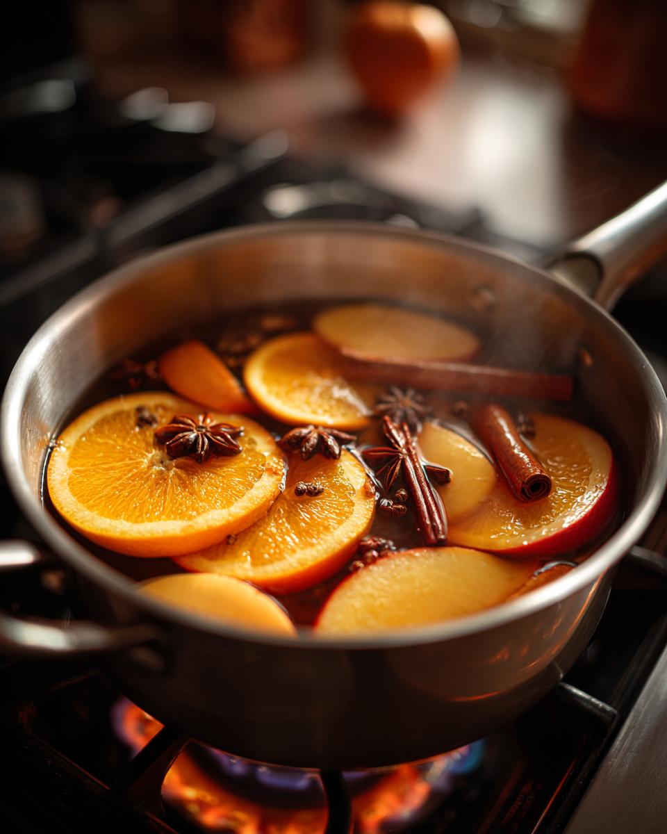 Close-up of ingredients for fall simmering potpourri, including orange slices, cinnamon sticks, and star anise, gently simmering in a pot.