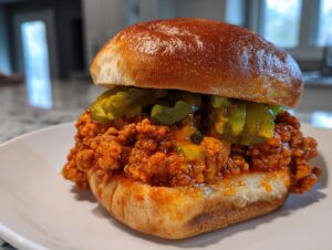 A close-up of a juicy big mac sloppy joes sandwich piled high with meat sauce and pickles on a brioche bun.
