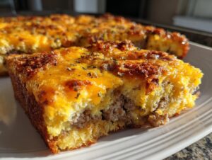 A thick slice of cheesy tater tot breakfast casserole showing layers of egg, sausage, and melted cheddar cheese topping.