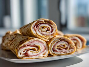 A plate of sliced turkey and cheese roll ups showing tight spirals of meat, cheese, and tortilla.