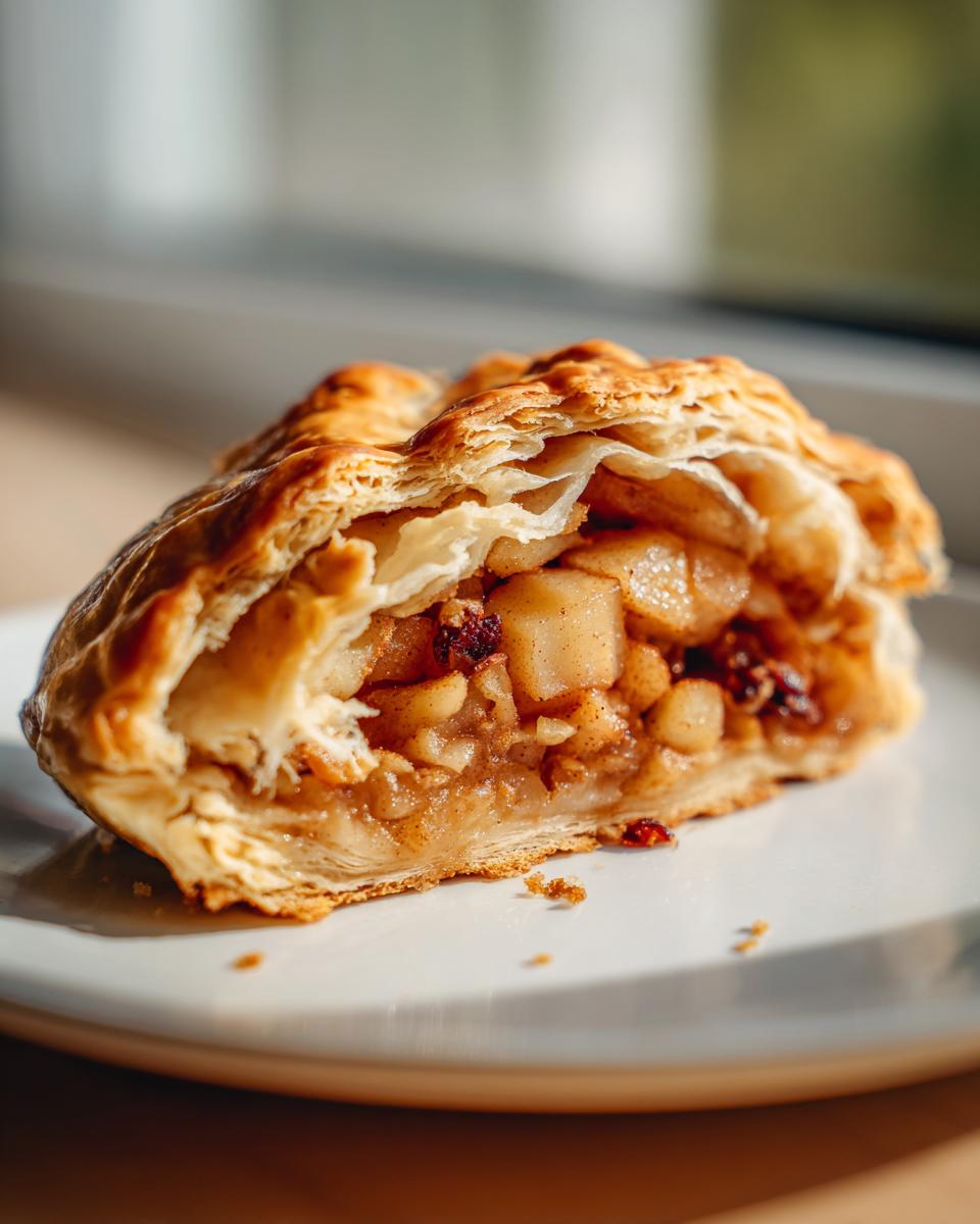 A cross-section of a flaky pastry apple strudel showing spiced apple chunks and raisins on a white plate.