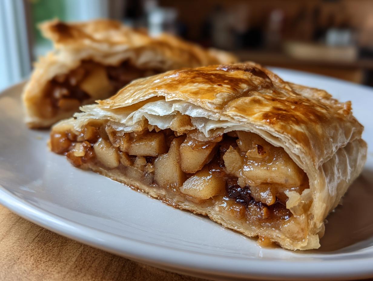 Close-up of a golden brown slice of apple strudel showing flaky pastry and chunky cinnamon apple filling.