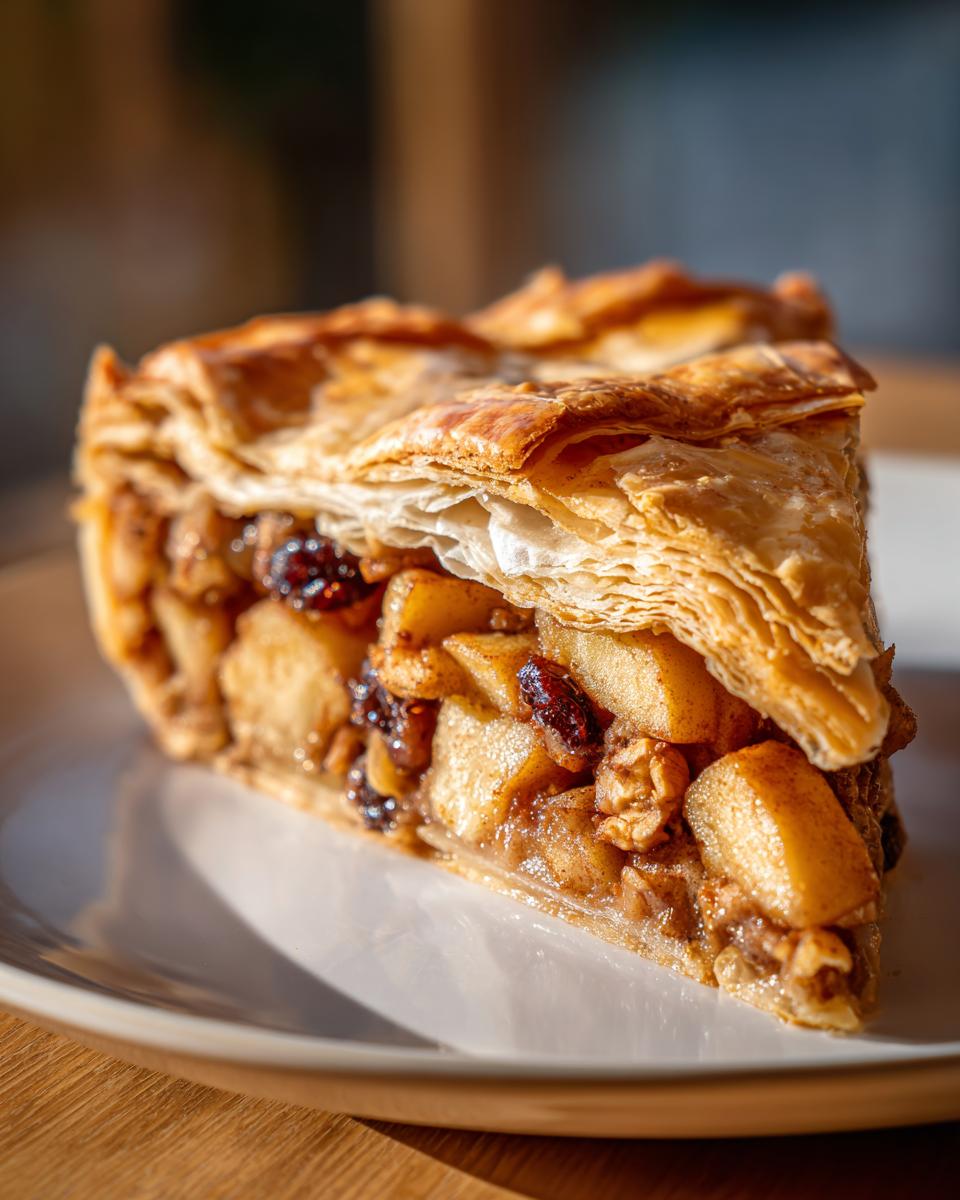Close-up of a thick slice of apple strudel showing flaky pastry layers and cinnamon-spiced apple filling.