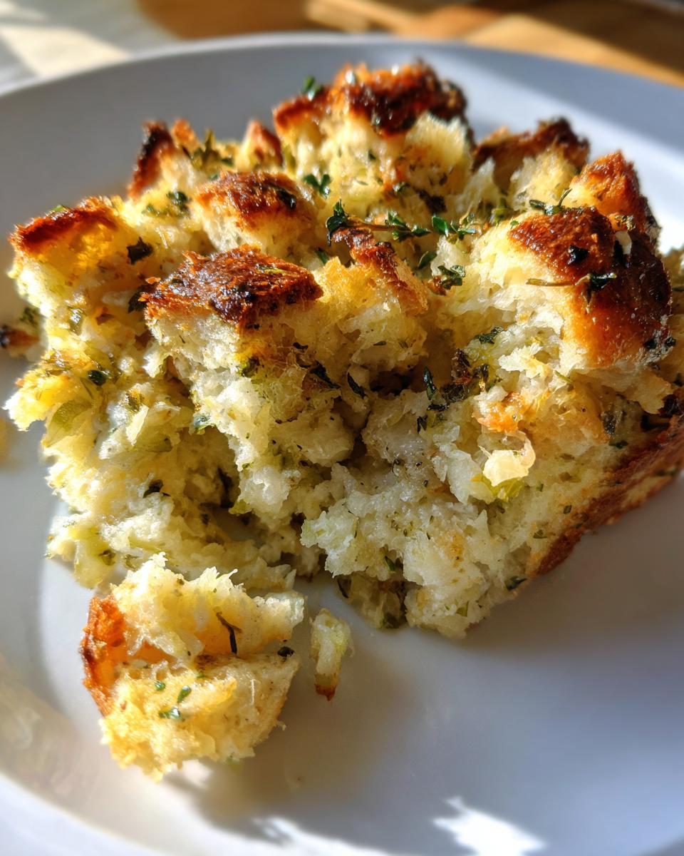 A close-up serving of savory bread stuffing with crispy browned tops and visible green herbs.