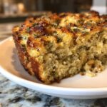 A close-up of a thick slice of savory stuffing, featuring a golden crust and fresh herbs.