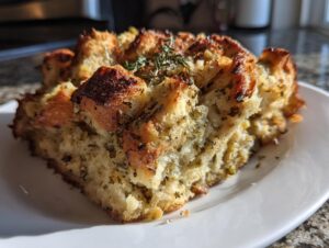 Close-up of a square slice of savory stuffing, featuring a golden-brown, herby crust and soft interior.