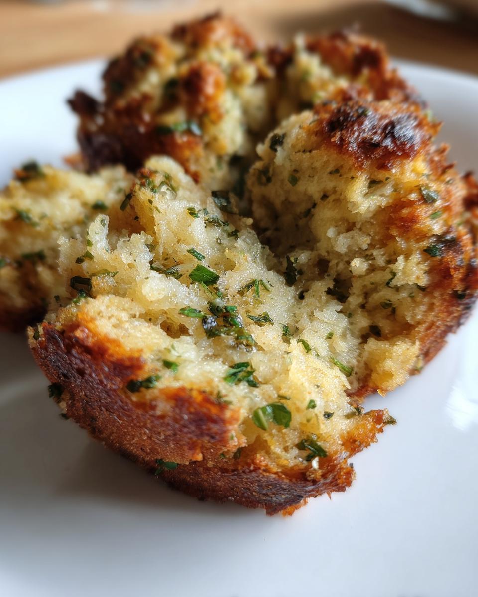 Close-up of a baked stuffing muffin broken open, showing a moist interior flecked with green herbs.