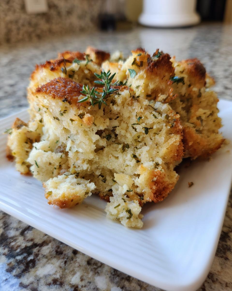 Close-up of a moist, golden-brown portion of herb stuffing garnished with fresh thyme.