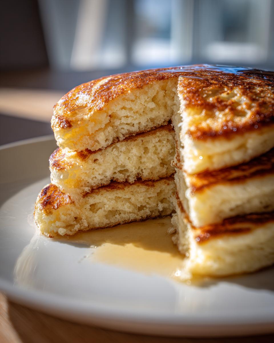 A close-up of a stack of fluffy cottage cheese pancakes drizzled with syrup on a white plate.