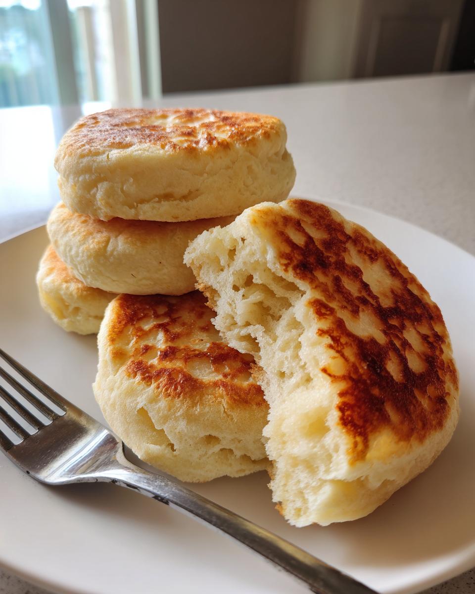 A stack of golden-brown homemade English muffins, one broken open to show the airy interior, next to a fork.