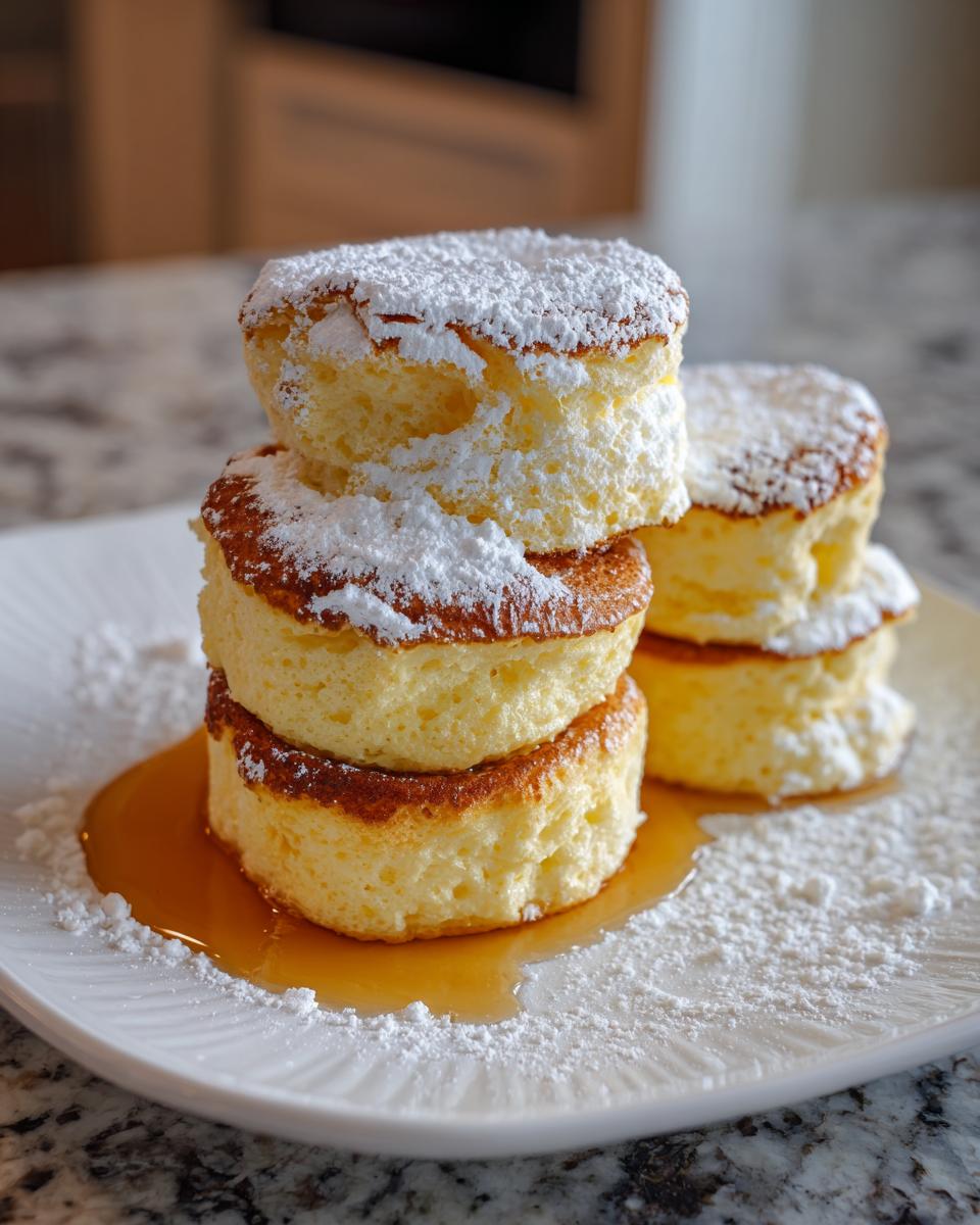 A stack of three incredibly fluffy Japanese soufflé pancakes dusted heavily with powdered sugar, served with syrup.