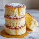 A tall stack of three incredibly fluffy Japanese soufflé pancakes dusted with powdered sugar and drizzled with syrup.