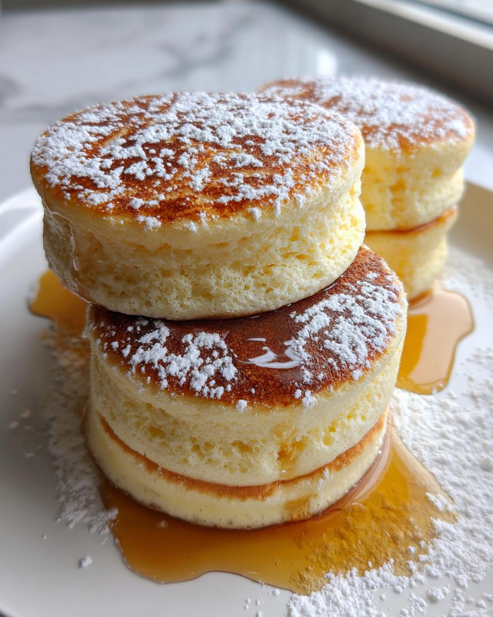 A stack of three incredibly fluffy Japanese soufflé pancakes dusted with powdered sugar and drizzled with syrup.