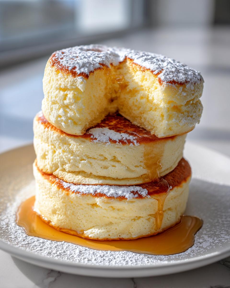 A tall stack of three fluffy Japanese soufflé pancakes dusted with powdered sugar and drizzled with syrup.