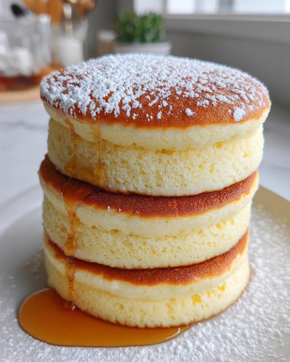 A tall stack of three incredibly fluffy Japanese soufflé pancakes dusted with powdered sugar and drizzled with syrup.
