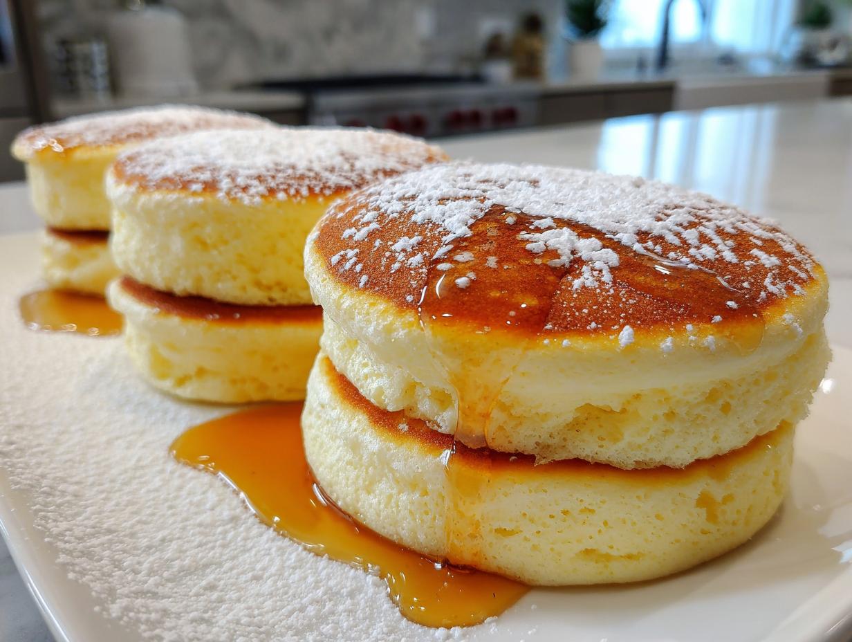 Close-up of tall, fluffy Japanese soufflé pancakes dusted with powdered sugar and drizzled with syrup.