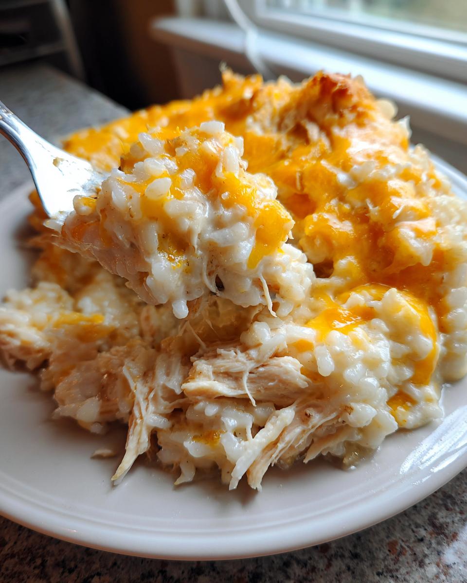 A fork lifting a bite of creamy, cheesy chicken and rice casserole topped with melted cheddar cheese.