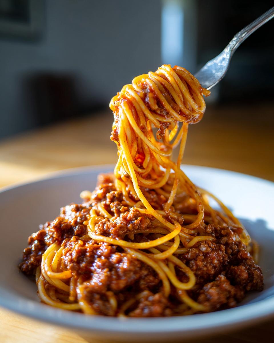 A fork lifting twirled spaghetti noodles coated in rich meat sauce from a bowl of spaghetti recipes.