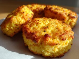 Close-up of golden brown fried cornbread hoecakes, showing their fluffy texture and crispy edges.