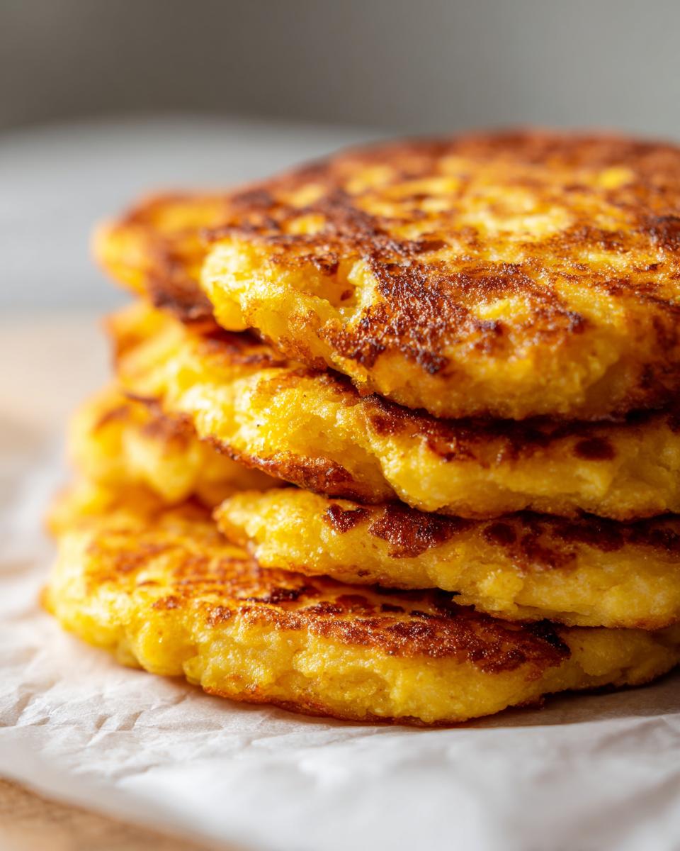 A close-up stack of golden-brown fried cornbread hoecakes on white parchment paper.
