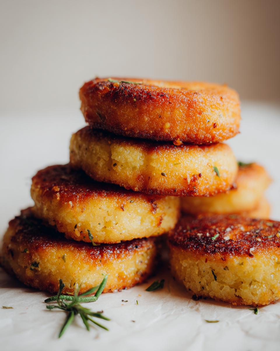 A stack of golden-brown fried cornbread hoecakes, seasoned with herbs, on a white surface.