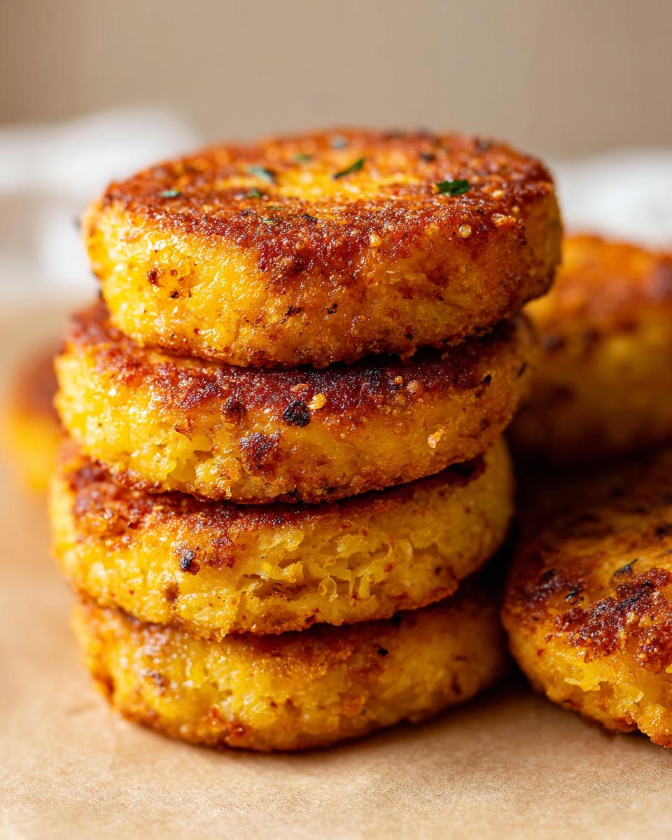 A stack of golden-brown fried cornbread hoecakes, lightly sprinkled with herbs.