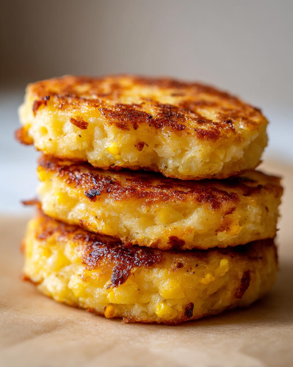 A stack of three golden-brown fried cornbread hoecakes with visible corn kernels.