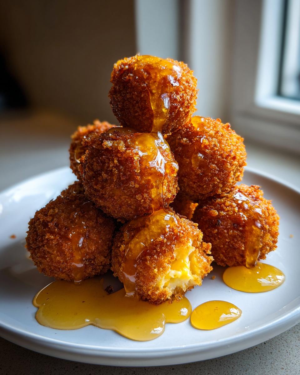 A stack of crispy, golden-brown fried goat cheese balls drizzled generously with honey on a white plate.
