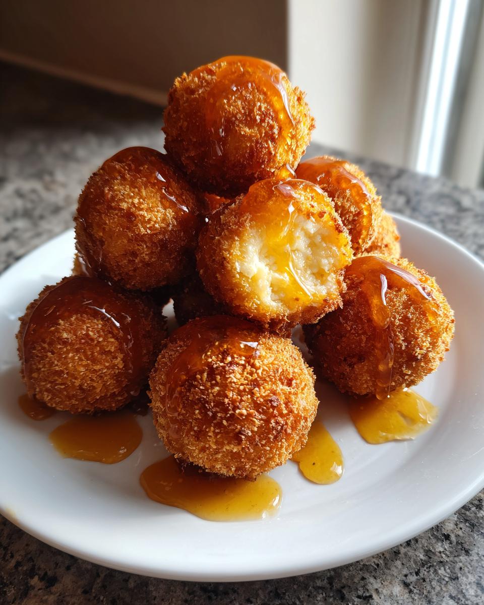 A stack of golden brown, crispy fried goat cheese balls drizzled with honey on a white plate.