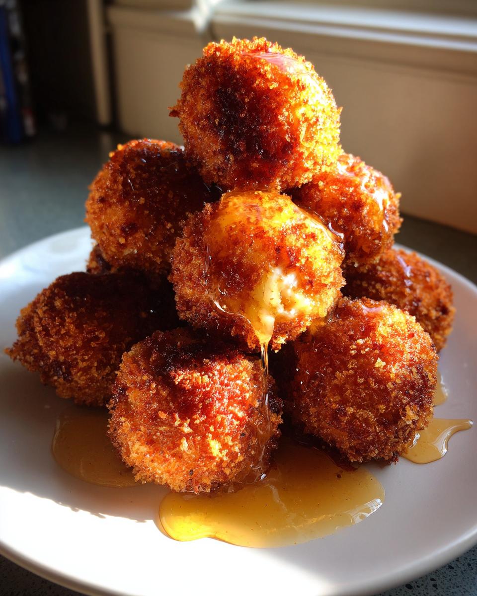 A stack of golden brown, crispy fried goat cheese balls drizzled generously with honey.