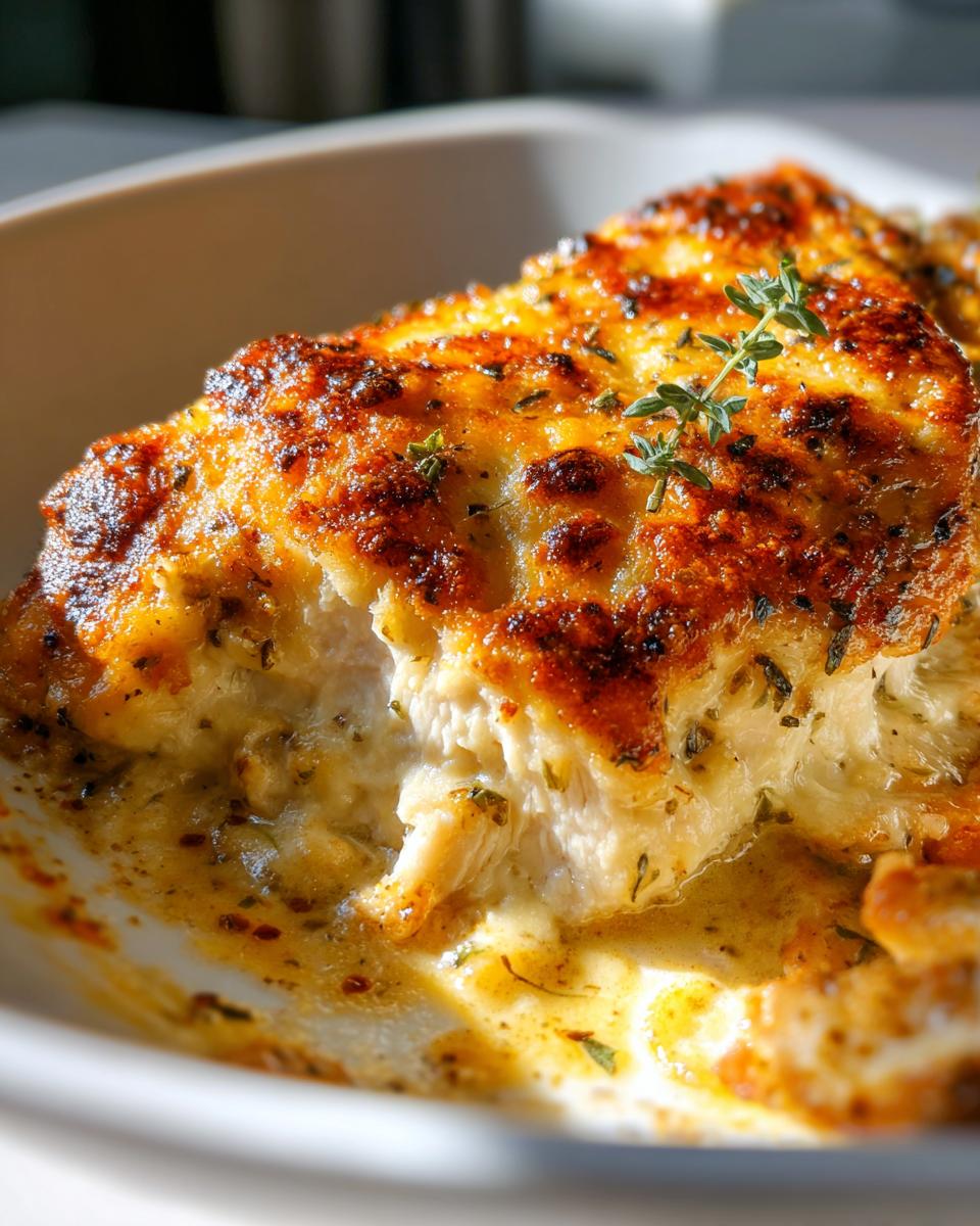 A close-up of a piece of juicy Garlic Parmesan Chicken Bake with a golden, bubbly cheese crust and fresh thyme garnish.