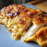 Close-up of a juicy garlic parmesan chicken bake, sliced to show the moist white meat and cheesy topping.